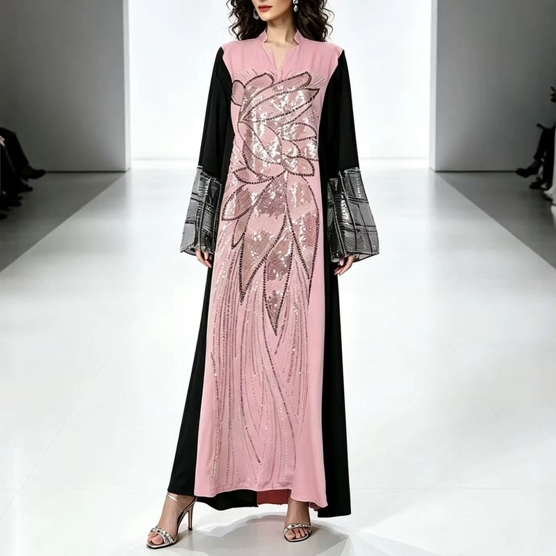 Cross-Border Fashion Elegant Long Dress for Women 2026 New Style Heavy Embroidery Sequins Long Sleeve Color-Blocking Loose Plus-Size Dress Cross-Border Fashion Elegant Long Dress for Women 2026 New Style Heavy Embroidery Sequins Long Sleeve Color-Blocking Loose Plus-Size Dress