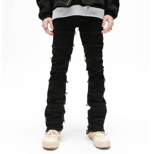 American High Street Personality Jeans Zipper Broken Frayed Tassel Hip-Hop Design Winter Straight Leg Slim Fit Pants