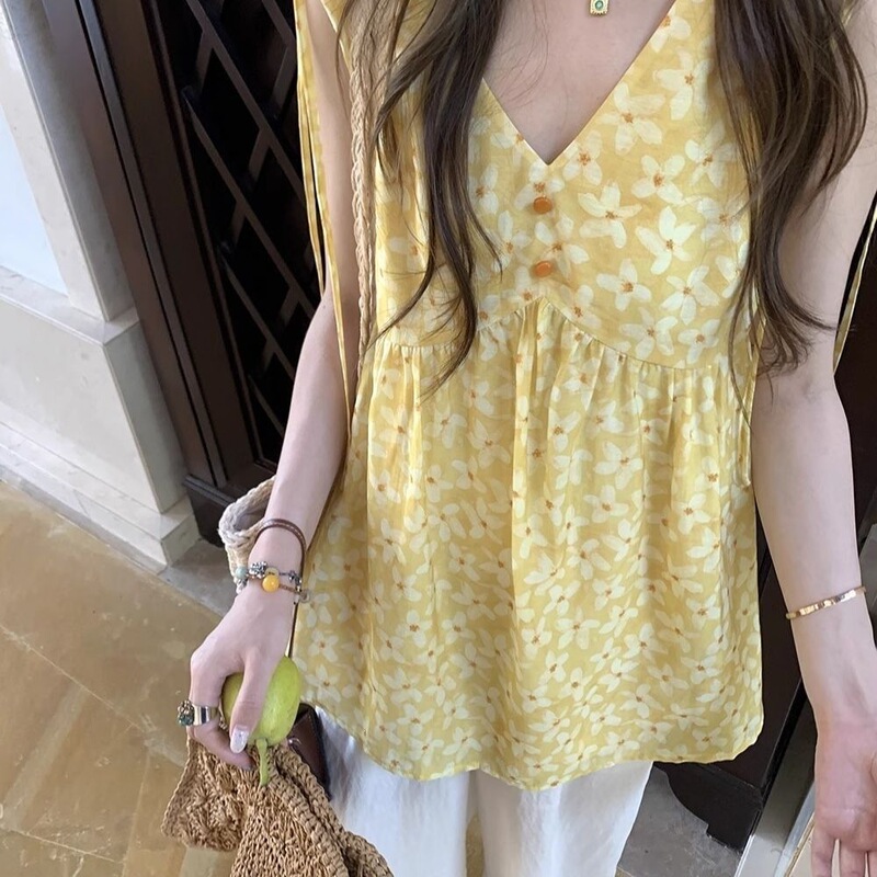"Little Yellow Flower" Floral Vest Summer New Design Drawstring Sleeveless Doll Shirt Sweet Top Off-Shoulder