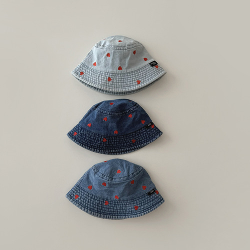 Qiu Nan Korean Children's Fisherman Hat Spring/Summer 2024 New Ins Heart-Shaped Design Girls' Sun Hat Denim Cap