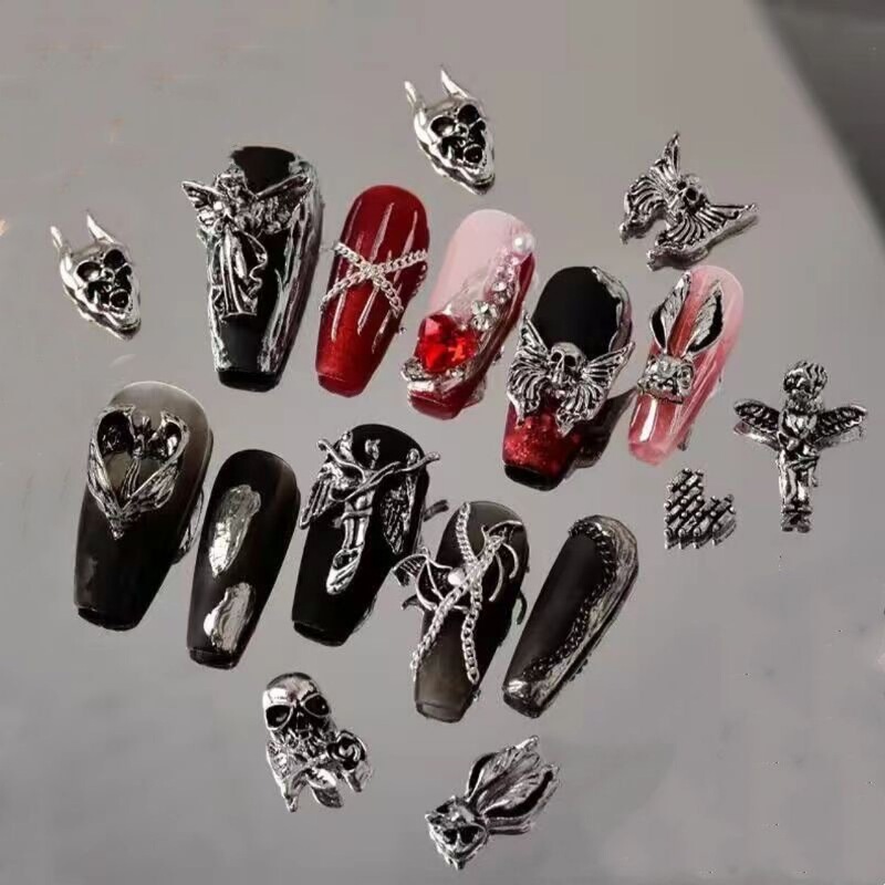 Retro Dark Manicure Crow Cross Skull Wishing Angel Silver Love Metal Nail Jewelry Alloy