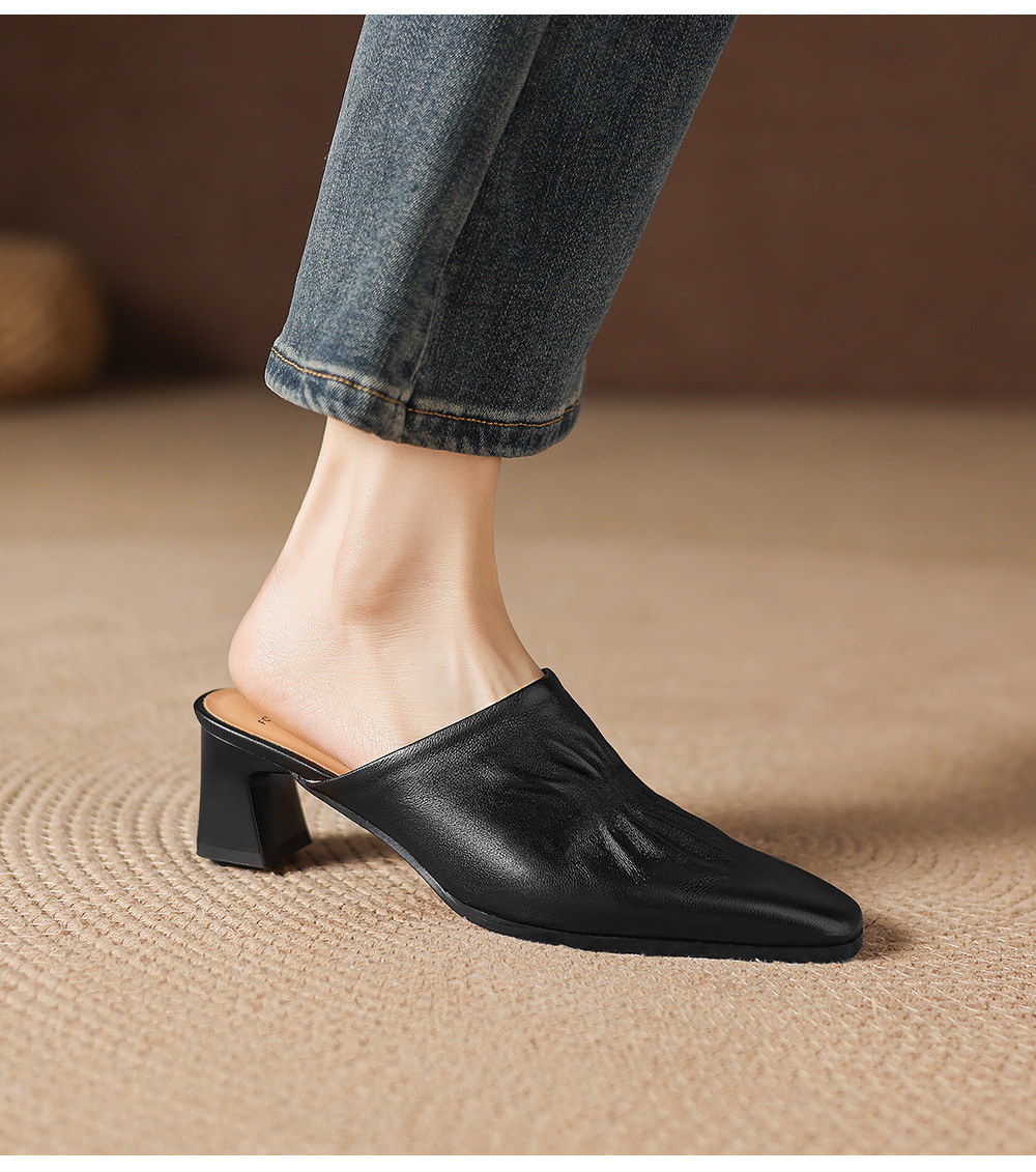 Sandal nữ bít mũi hở gót cao gót thô 5 cm, da bò mùa xuân hè — đen chi tiết 10