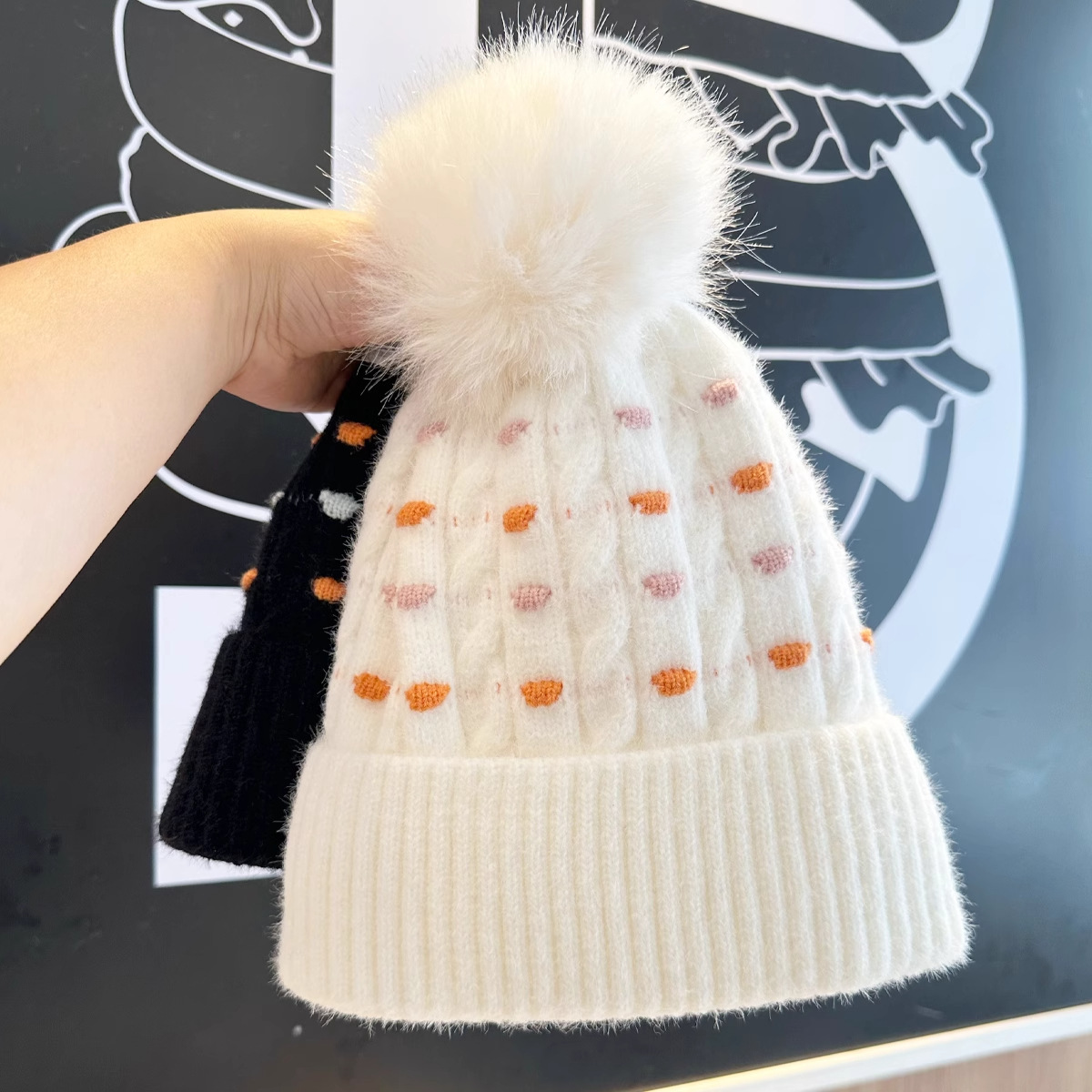 Cappello invernale da uomo e da donna in lana, caldo, spesso, con fodera in pile, alla moda, versatile, all'ingrosso, a pois, in maglia jacquard._voghion.com