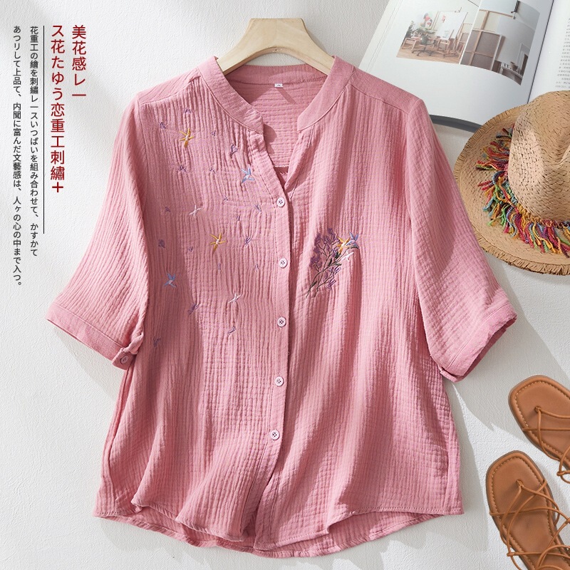 2026 New Cotton and Linen Double-Layer Gauze Shirt with Embroidery, Chinese-Style Retro V-Neck Mom Shirt, Loose National Style Top 2026 New Cotton and Linen Double-Layer Gauze Shirt with Embroidery, Chinese-Style Retro V-Neck Mom Shirt, Loose National Style Top