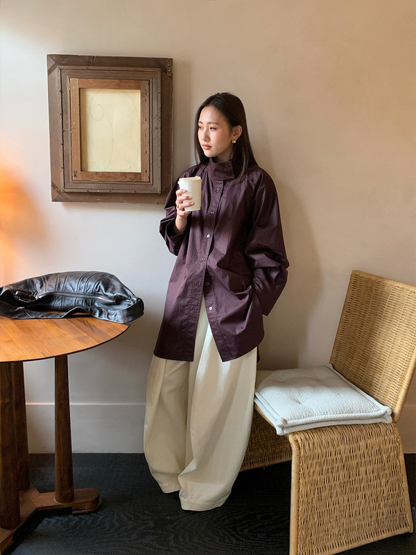 万为 设计感衬衣上衣女2025秋新款工艺涂层立领系带收腰衬衫P3934|undefined
