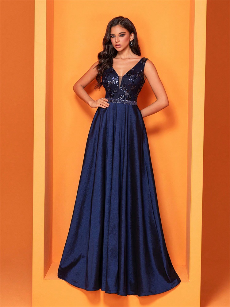 Sexy V neck Sequ Floor Length Evening Dress Elegant Sleeveless a Swing Cocktail Party Party Dress