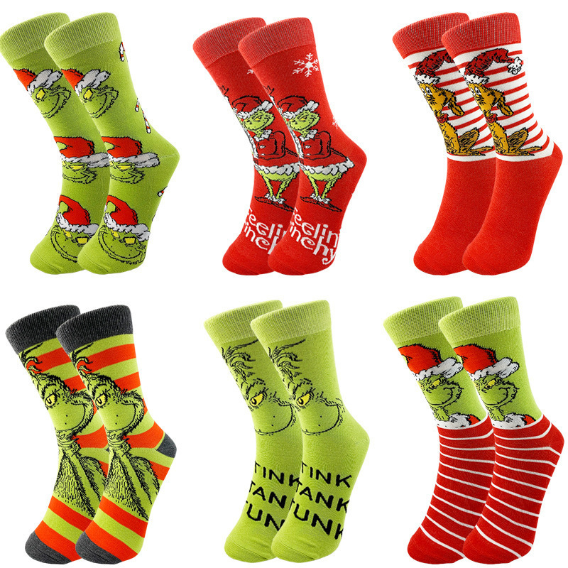 European and American New Cross-Border Christmas Creative Socks Cartoon Grinch Ready-Made Knitted Socks for Men and Women Personalized Couple Trendy Socks