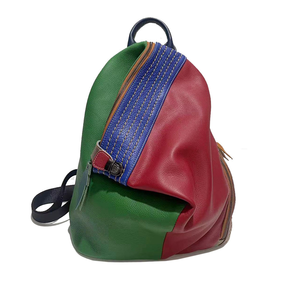Women's Leather Backpack, Color Blocked Cowhide Travel Backpack, Colored Leather Backpack_voghion.com