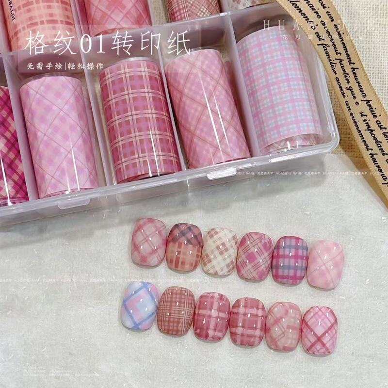 Girly Pink Plaid Manicure Transfer Paper Cute Style Sub-Transfer Paper Manicure Nail Stickers Xiaohongshu Hot Style