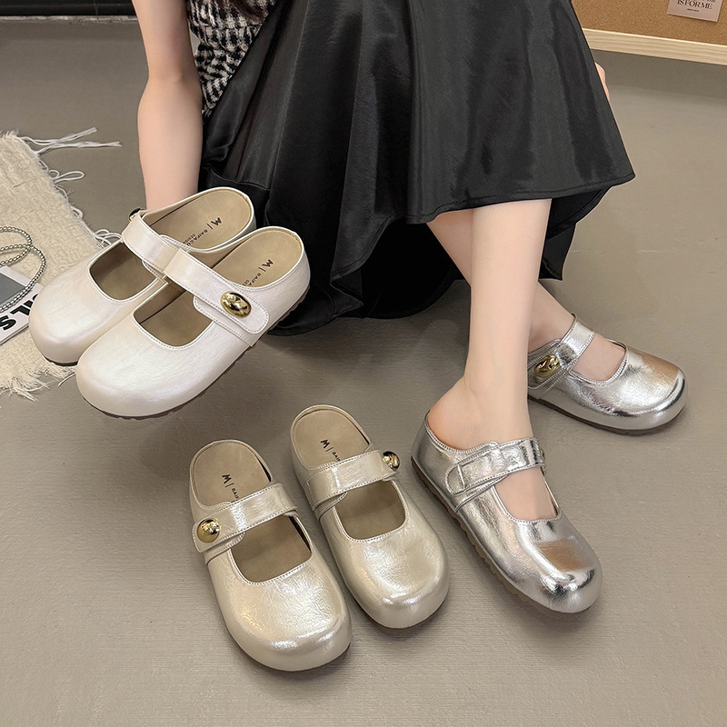 スイートガールかわいいシルバーつま先ハーフスリッパ女性用 2025 夏の新しいスタイルのヒールレスメリージェーンシューズシンプルで多用途な女性の靴|undefined
