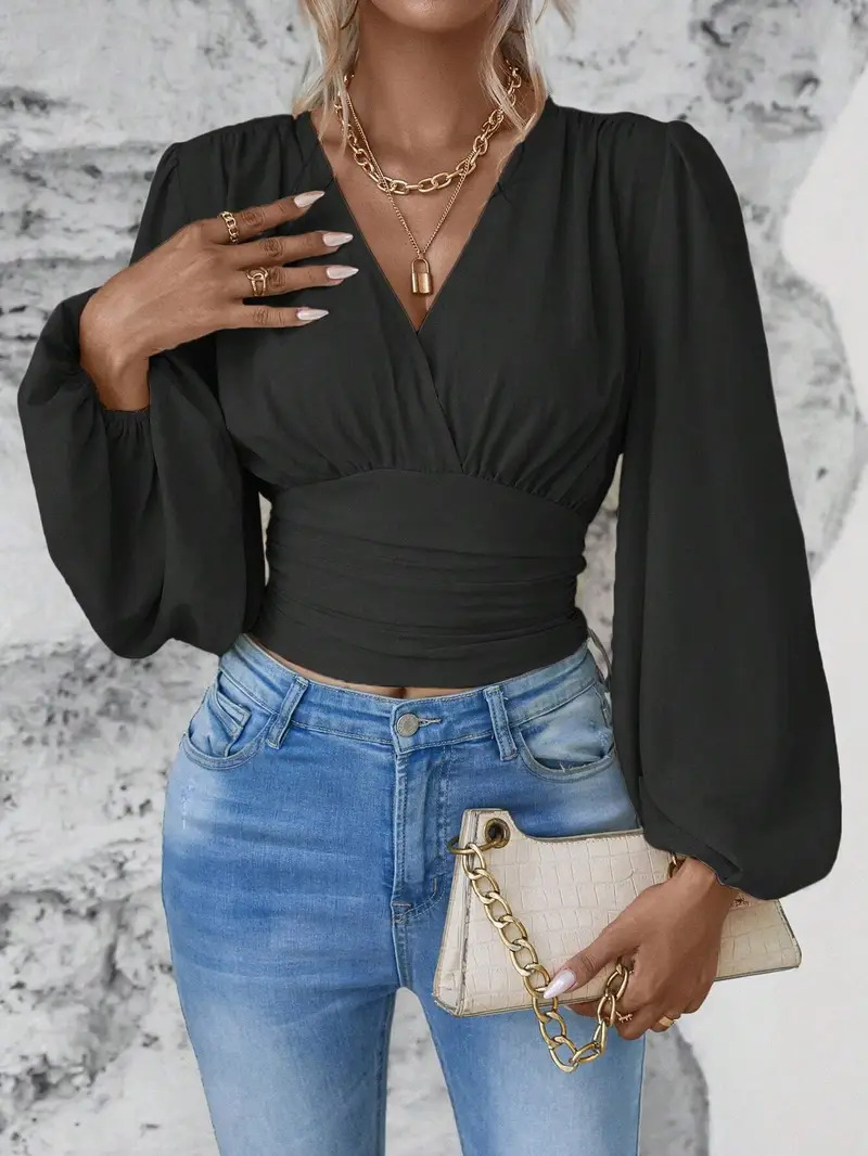 Spring New Solid Color V-neck T-shirt Fashionable And Elegant Lantern Long-sleeved Top Spring And Summer Women's Clothing_ecoleips.com