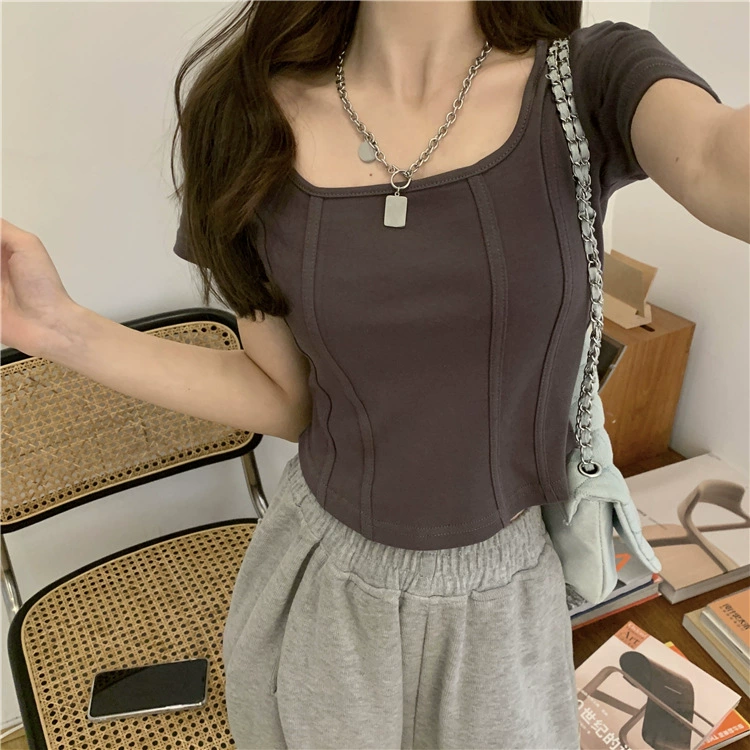 Винтажная трехмерная футболка Fishbone Line 2023, Летняя асимметричная Базовая рубашка, футболка с квадратным воротником, укороченный топ с пупком, модный