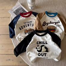 儿童T恤2025春秋款男童卡通全棉T男女童洋气拼色插肩袖打底衫批发