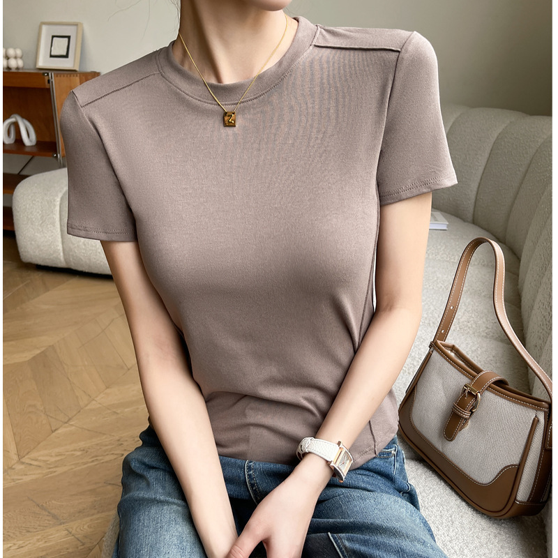 Q popular 280G modal hombro derecho espina de pescado cuello redondo Camiseta ajustada de manga corta para mujer verano 2024 top suelto