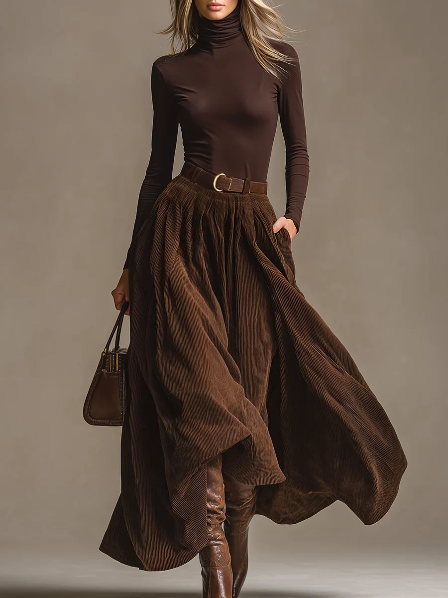 2025 European and American Retro Corduroy Skirt Spring & Fall High-Waisted Large Hem Umbrella Skirt + Pure Color Bottoming Shirt Top