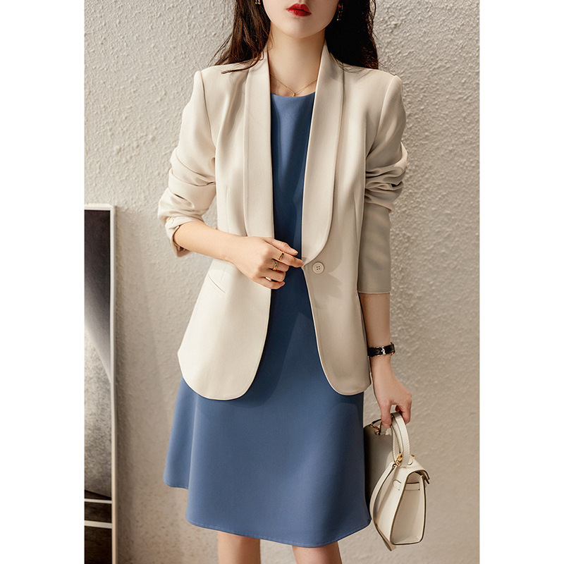 In stock factory wholesale New draping triacetate green fruit collar one button thin shoulder pad suit jacket spring women