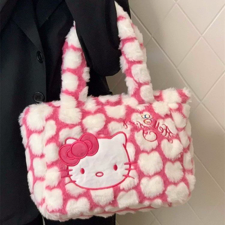 Плечевая сумка (Hello Kitty) Лолита, сумка-тоут на одно плечо с плюшем, розовая, 30×25×5 см