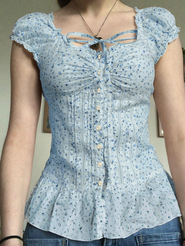 法式甜美少女风碎花衬衫跨境花边修身显瘦方领系带蕾丝短袖上衣|undefined