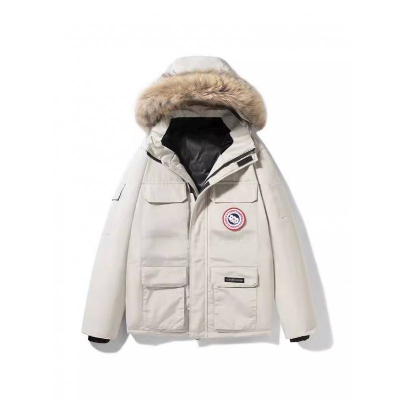 Down Jacket Men's Cross-border Couple White Duck Down Hooded Trendy Brand Outdoor Tooling Thickened Warm Goose Fur Collar Jacket for Women