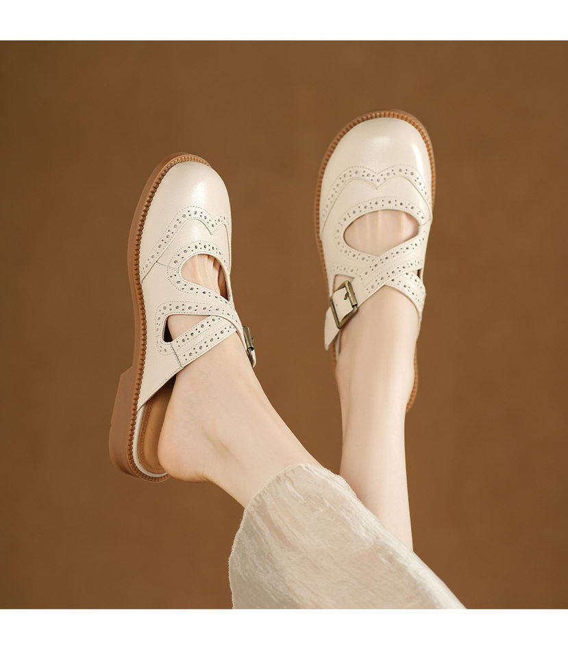 Dép sandal nữ da bò mũi trùm đế bằng, quai chéo chạm trổ cổ điển — đen chi tiết 7