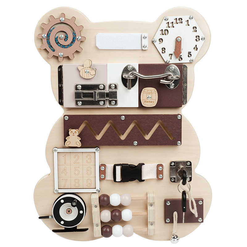 Amazon Wood Bear Tablero ocupado Niños Montessori Juego de pared Abra la puerta Tablero de desbloqueo Juguetes educativos