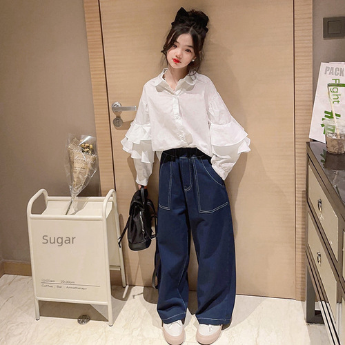 Girl's Set  Spring and Autumn New Arrival Big Kid Fashionable Loose Denim Vest Shirt Three-Piece Set