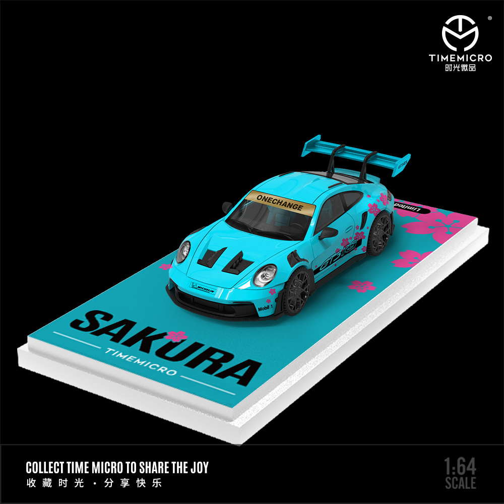 도매-시간 1:64 포르쉐 992 GT3 RS 벚꽃 블루 시뮬레이션 합금 자동차 모델 컬렉션