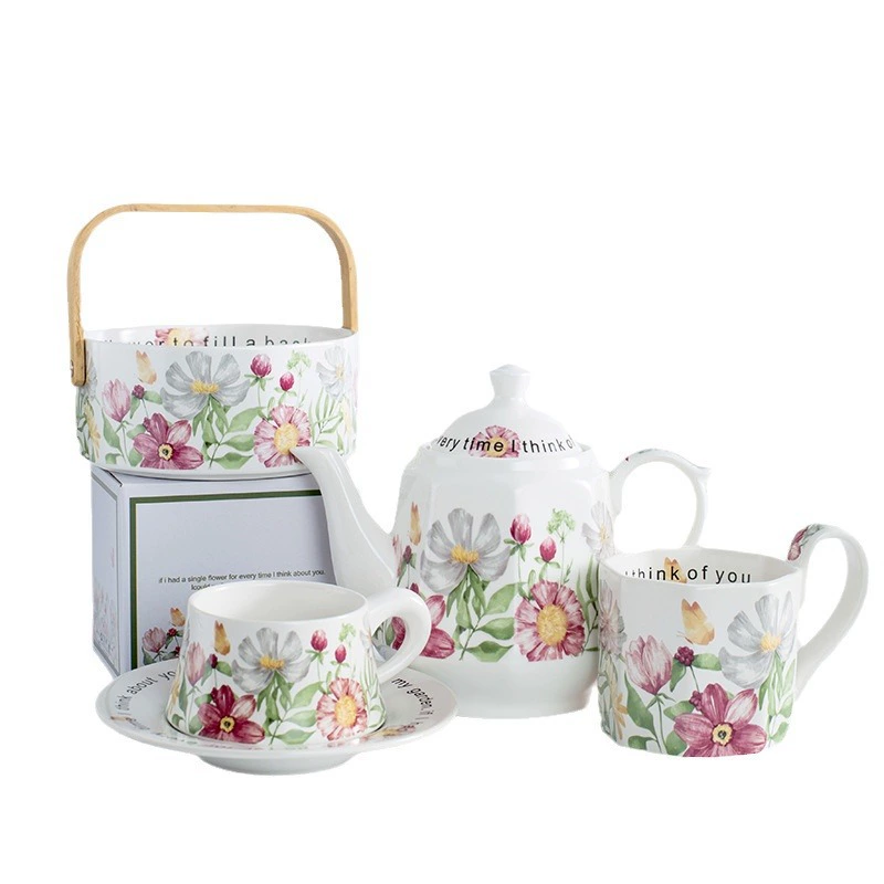 Подарочный набор на полдник в европейском флористическом дизайне Xiangyang Gift Box: чайник высокого качества, чашки, блюдце, корзина