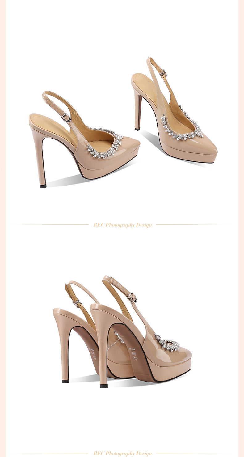 Sandal cao gót nữ mũi nhọn quai một chữ đính pha lê, gót 14 cm, đế platform — Đen 14cm chi tiết 5