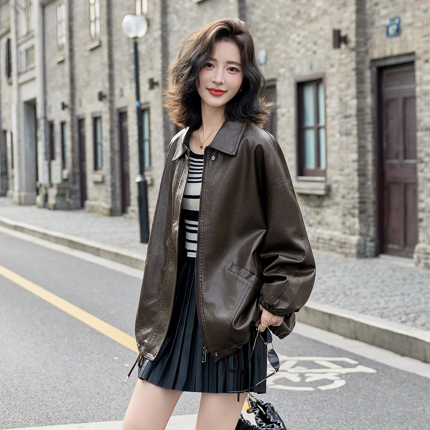 Korean Style Leather Jacket for Women 2025 Spring and Autumn New Style Maillard Style Retro Fashion Pu Leather Motorcycle Jacket
