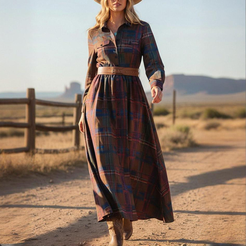 European and American Style Plaid Dress for Women, Western Retro Waist-Cinching Tie Long Shirt Dress, Wholesale in Stock, Cross-Border European and American Style Plaid Dress for Women, Western Retro Waist-Cinching Tie Long Shirt Dress, Wholesale in Stock, Cross-Border