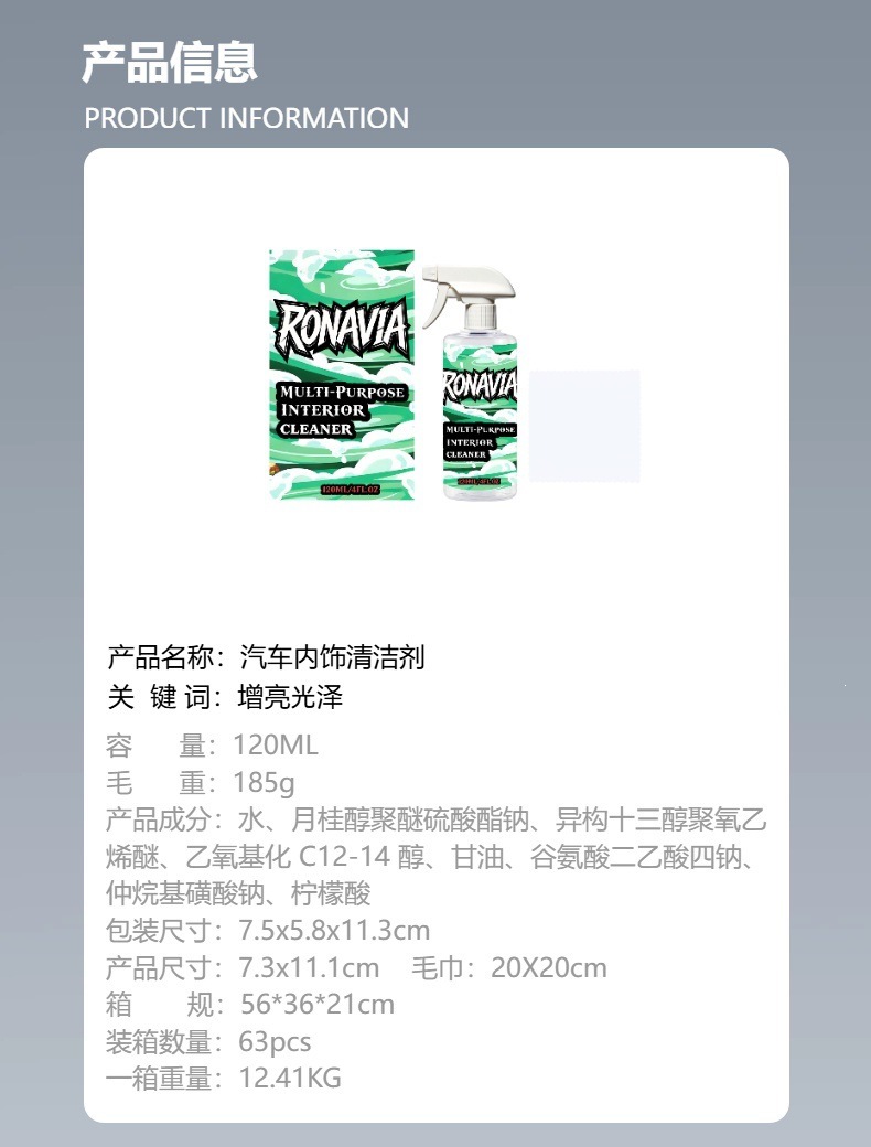RONAVIA Car Interior Cleaner - Gentle formula suitable for multi-material car interior cleaning and maintenance, providing long-lasting shine