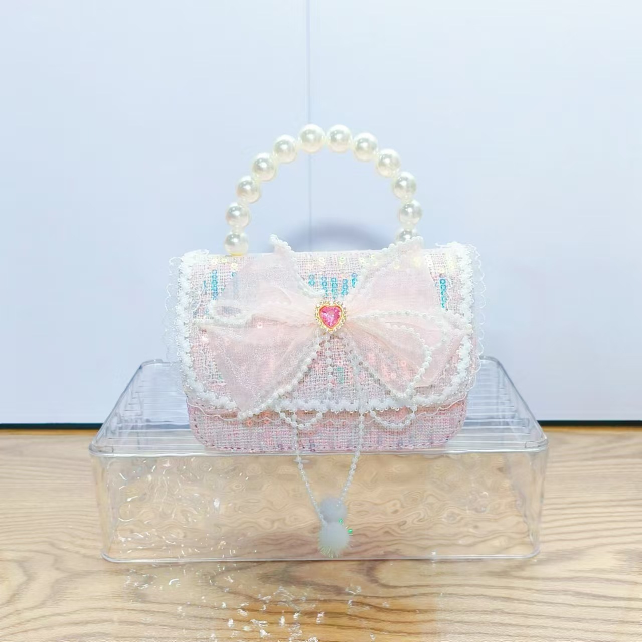 Bolso de la princesa de arco, bolso de mano de perlas, bolso de mano de cadena, bolso de Año Nuevo, bolso de Año Nuevo, regalo del Día de los Niños del 1 de junio