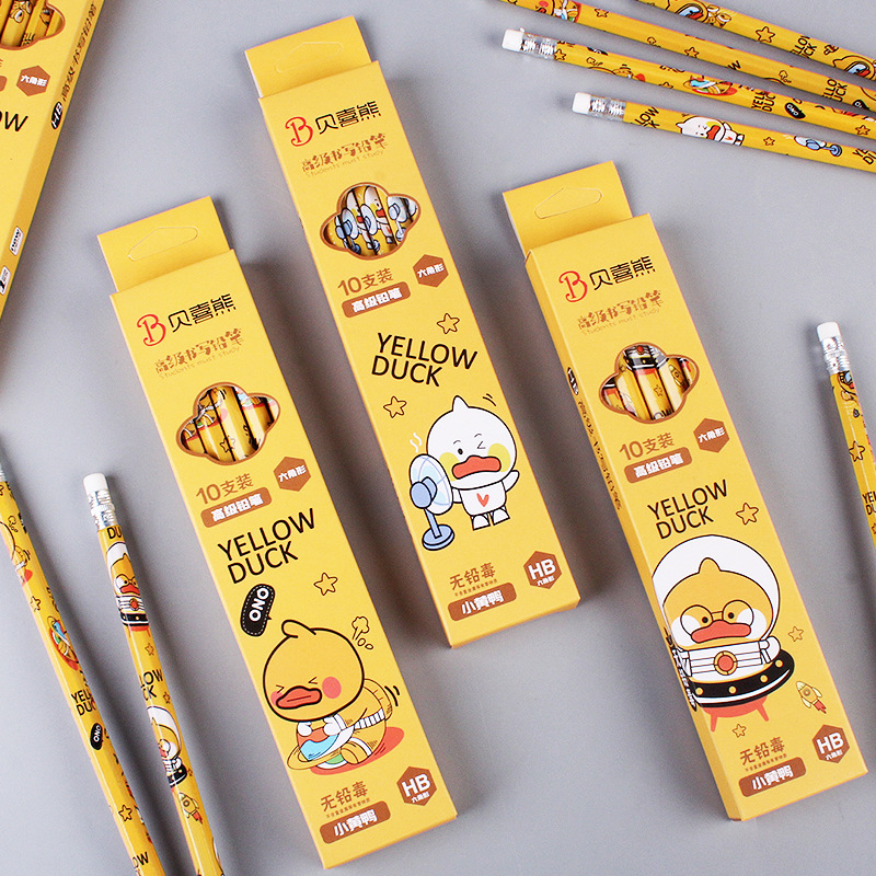 10 pcs cute cartoon little yellow duck boxed hexagonal pencil hb student stationery final gift prizes wholesale