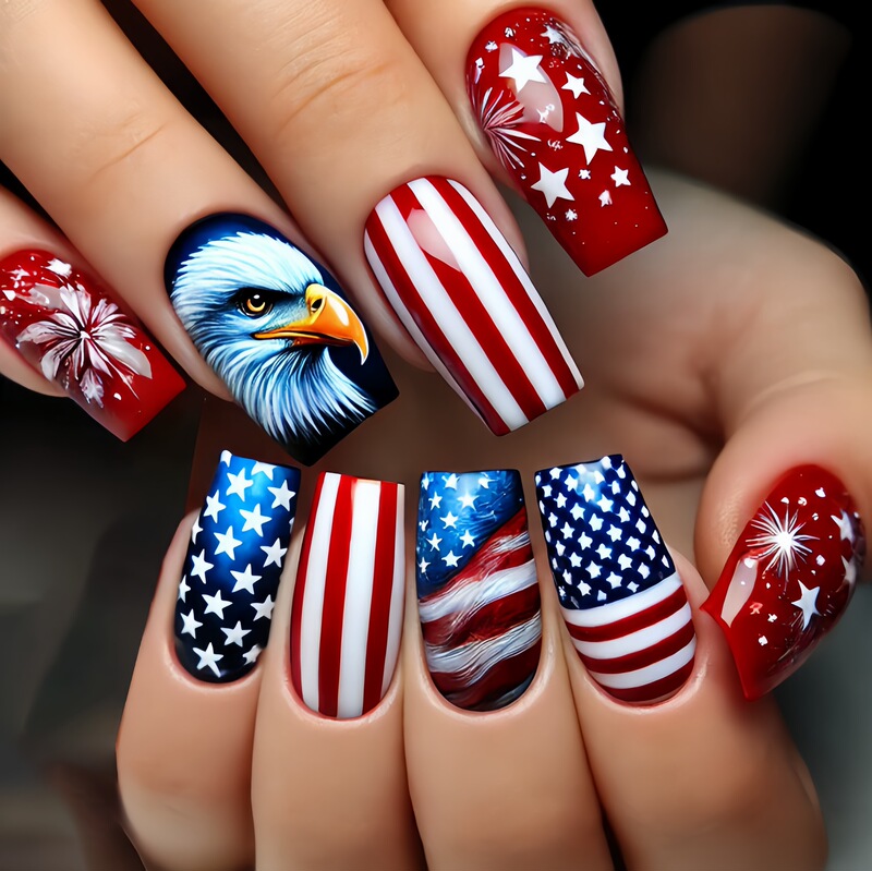 Mid-length European Square Nail Art Patch Independence Day Nail Art Patch Bald Eagle Star Striped Nail Art Patch