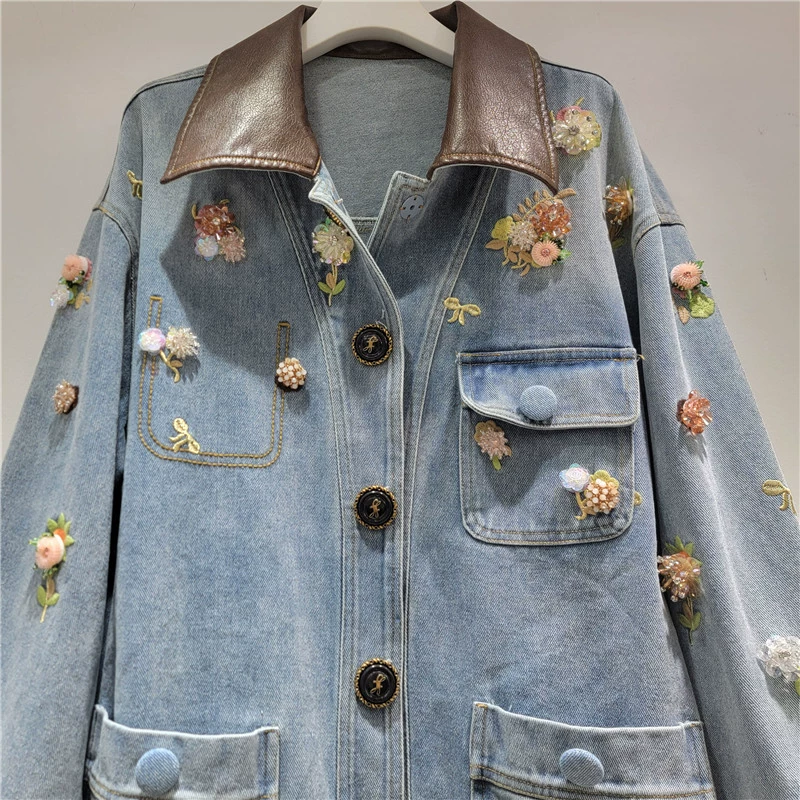 Design polyurethane fashionable denim long-sleeve, jacket, flowered, oversize
