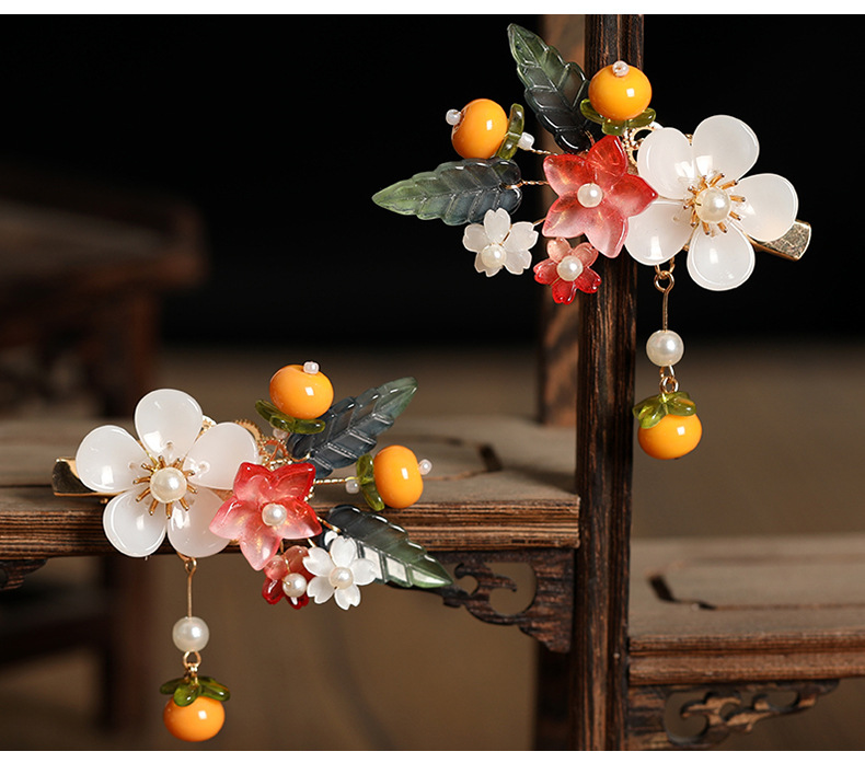 Persimmonförmige Haarspangen, 2 Stück, chinesischer Stil, Mädchen-Haarnadel für Hanfu-Dekor, Retro-Perlen-Blumen-Haarspangen, niedliche Neujahrs-Kopfbedeckung – Detail 12
