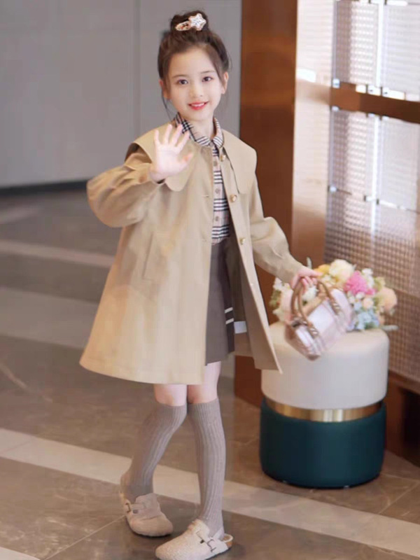女童中长款风衣秋季2025新款韩版洋气儿童英伦风外套学院风披肩领|undefined