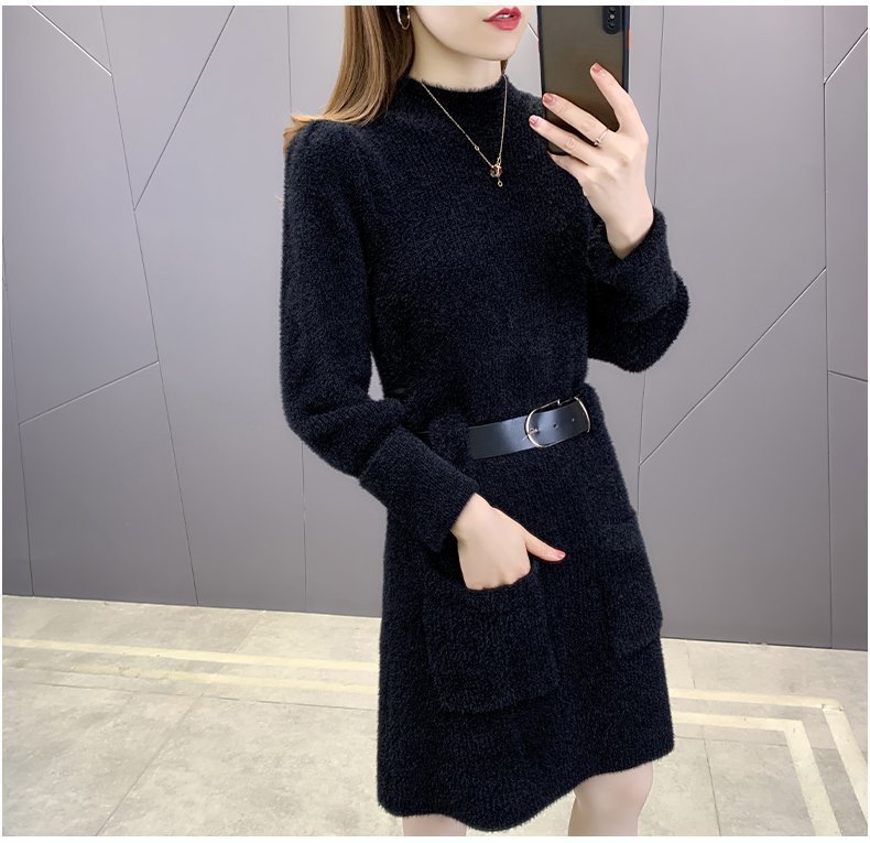 中长款毛衣女厚 新款宽松腰带内搭保暖毛衣半高领针织打底连衣裙