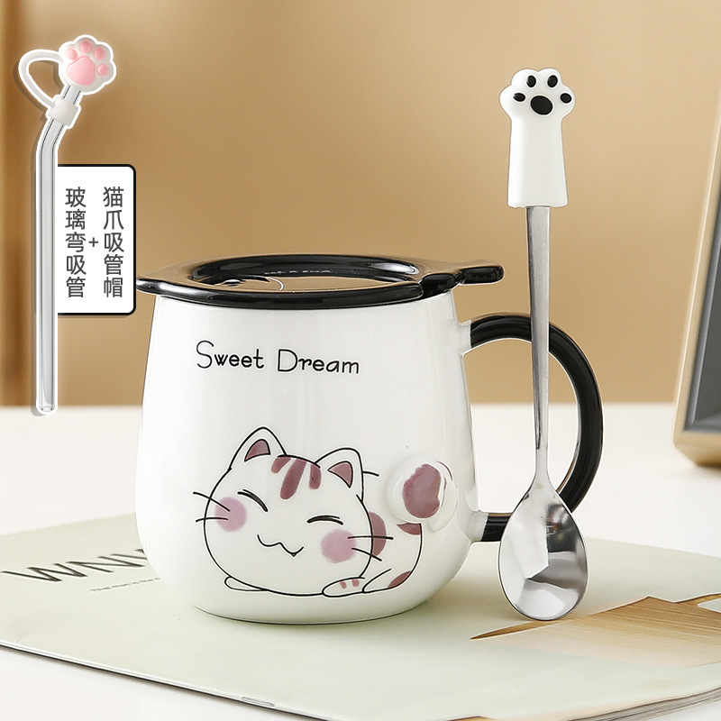 Taza de gato Mark con tapa Cuchara Taza de agua de cerámica Taza de pareja de dibujos animados de cerámica para hombres y mujeres Taza de desayuno de café de oficina
