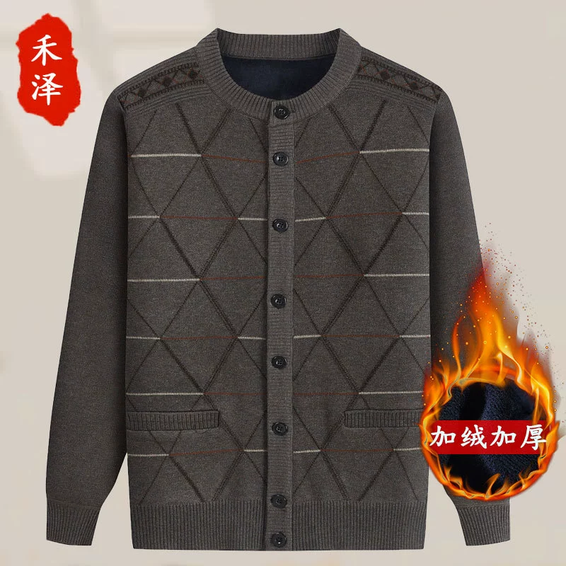 Для папы среднего возраста, осенне-зимний свитер на флисовой подкладке, мужская повседневная трикотажная одежда, кардиган для дедушки, теплая зимняя одежда