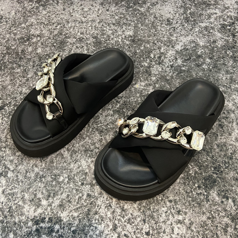 European Style 2022 Summer Thick-Soled Open-Toe Chain Rhinestone Sandals for Women, Trendy Korean Version