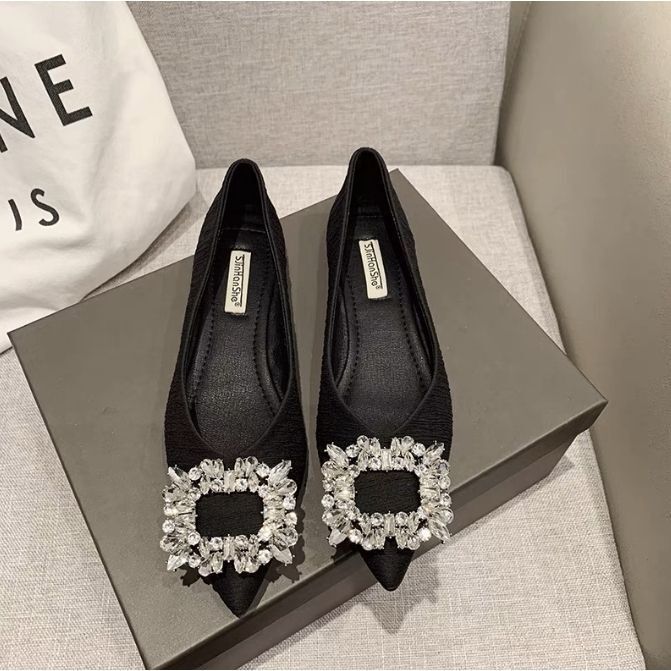 Flat Shallow Low-Heeled Soft Surface Rhinestone Beanie Shoes Evening Breeze Gentle Shoes 2025 New Pointed Toe Fashion Shoes for Women