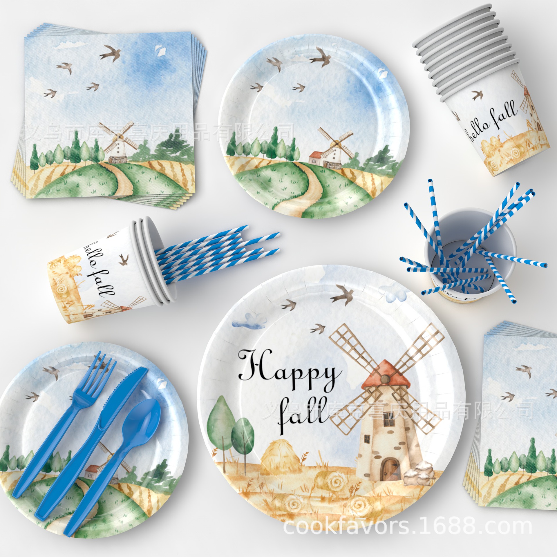Nuevo juego de vajilla de fiesta de cosecha de otoño, tema de molino de viento, plato desechable, taza de papel, decoración de bandera
