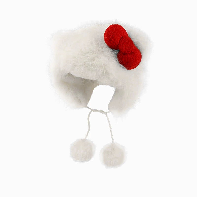 Cute Cartoon Bow Trapper Hat, White, Velvet Earflaps, Thick Plush Lining