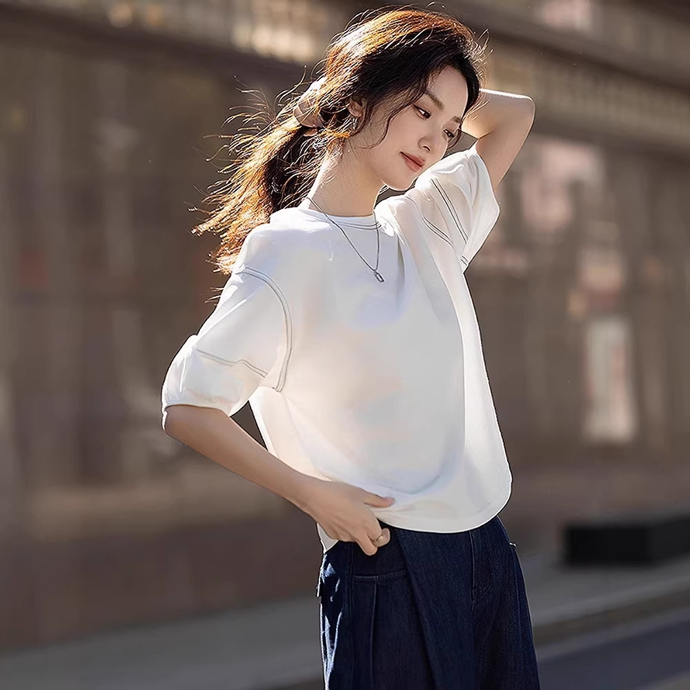 Áo thun nữ cổ tròn tay lỡ phồng nhẹ, thiết kế đèn lồng viền tương phản — Màu hồng chi tiết 1