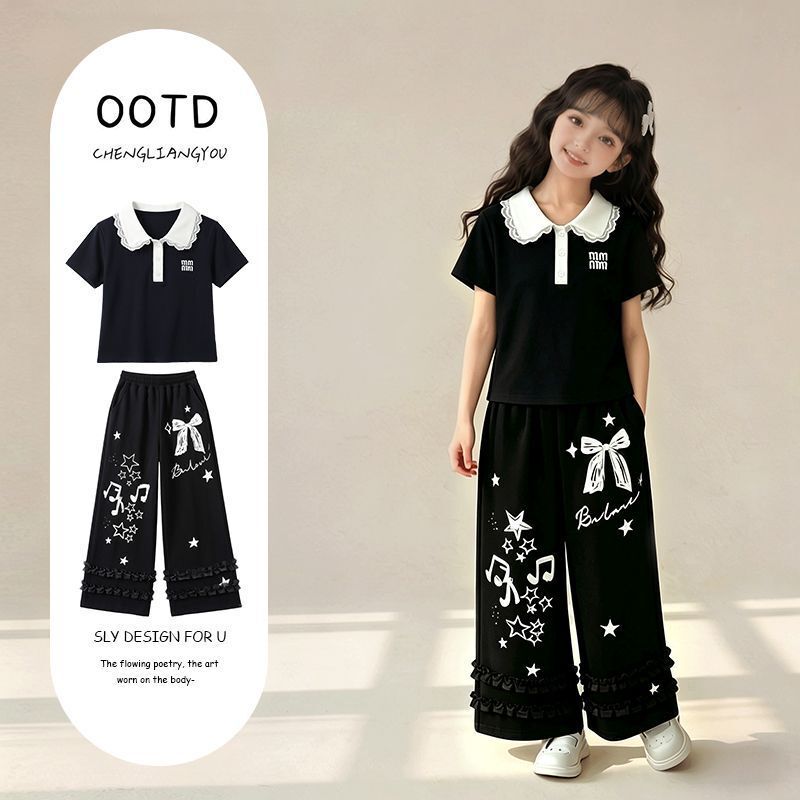 Children's Pants for Girls, Trendy and Cool, New Summer Style, Color-Blocking Lace Polo Shirt and Pants, Fashionable Two-Piece Set