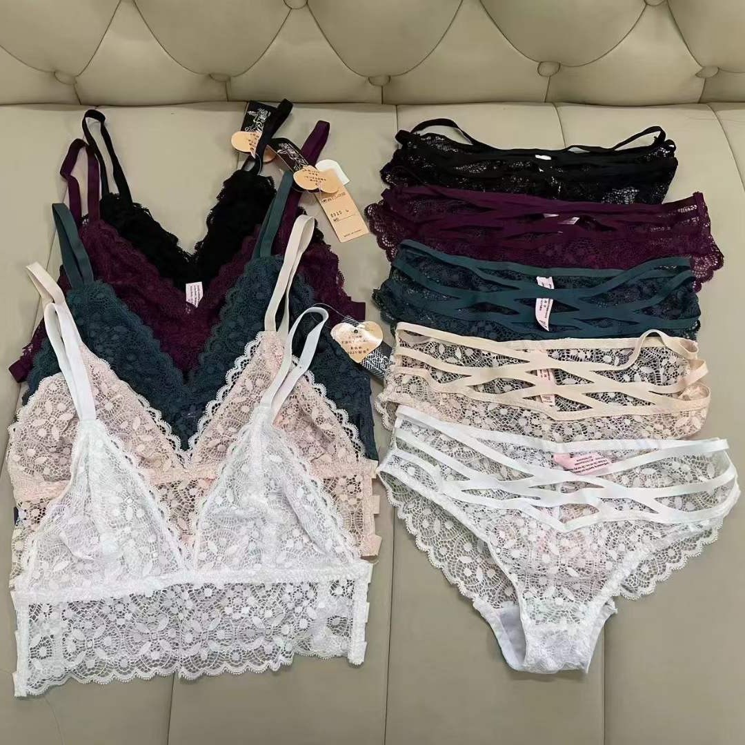 Sujetador de encaje sin esponja traje de Sujetador de algodón fino para mujer pequeño pecho push up sexy traje de ropa interior trasera