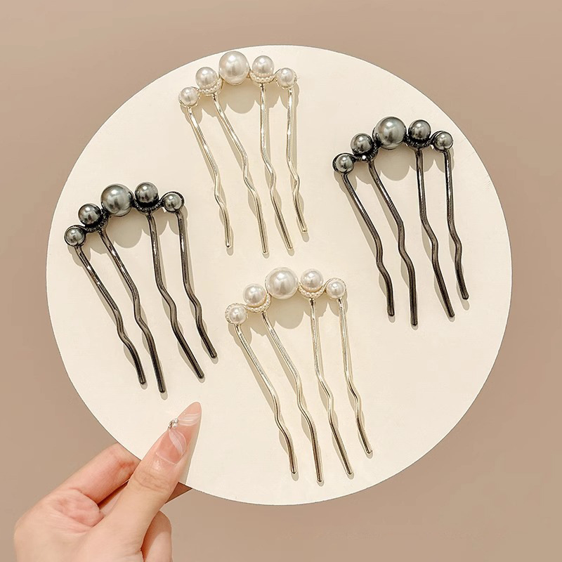 Perla en forma de U cuatro dientes peinado temperamento femenino bandeja de cabello detrás de la cabeza bola clip de cabello de alta sensación retró joyería para el cabello