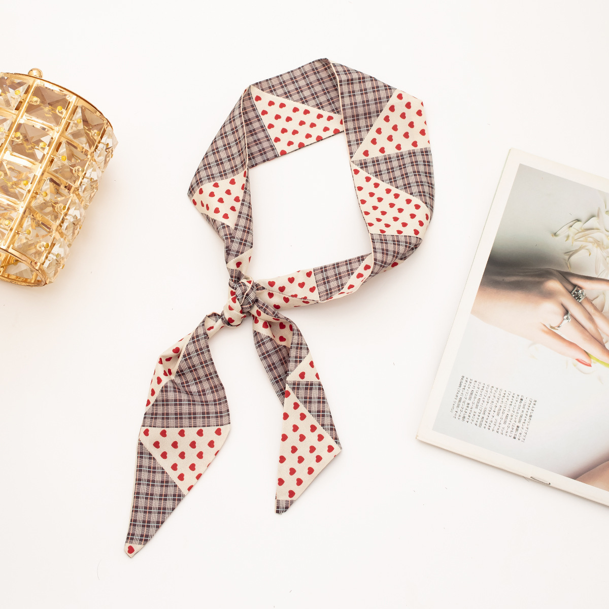 【체크무늬 시리즈●레드 러브] 실크 스카프 1개